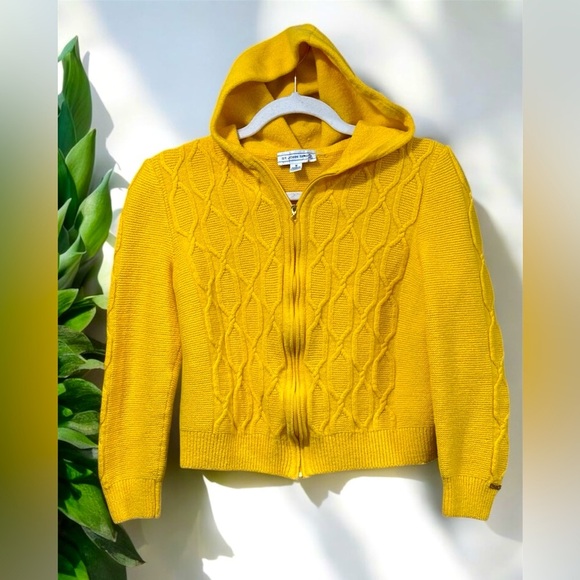 ST JOHN SPORT yellow cable knit hooded full zip sweater size Medium - Picture 1 of 12